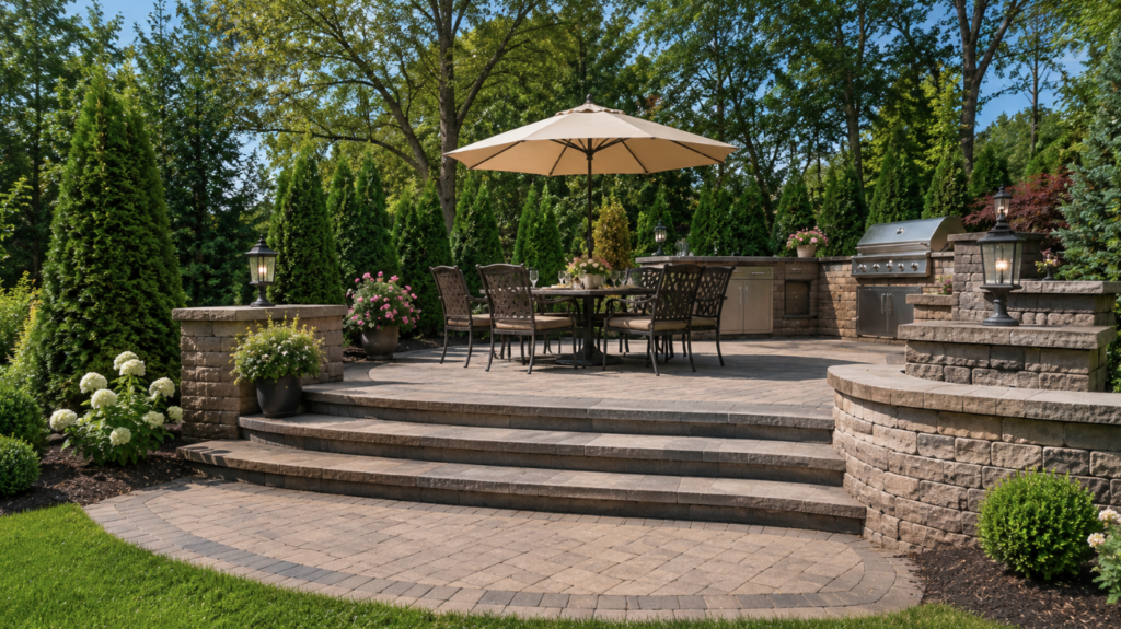 image 10 The cost of a paver patio in NJ comes down to size, materials, site prep, and design complexity — not just square footage. A simple rectangular patio on flat, ready ground is a very different project than a multi-level patio with a retaining wall, seating, and a fire feature. Before you can talk price, it helps to understand what actually moves the number, so you know what you're paying for and where your budget is going.