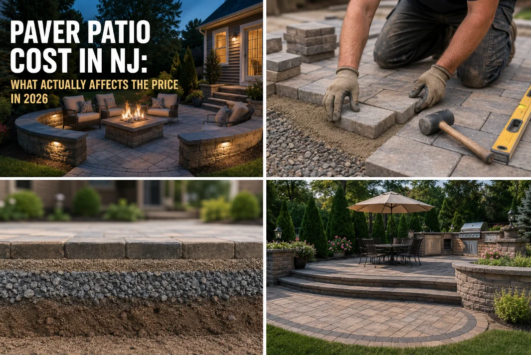 image 8 The cost of a paver patio in NJ comes down to size, materials, site prep, and design complexity — not just square footage. A simple rectangular patio on flat, ready ground is a very different project than a multi-level patio with a retaining wall, seating, and a fire feature. Before you can talk price, it helps to understand what actually moves the number, so you know what you're paying for and where your budget is going.