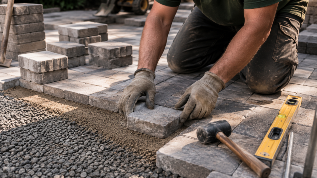 image 9 The cost of a paver patio in NJ comes down to size, materials, site prep, and design complexity — not just square footage. A simple rectangular patio on flat, ready ground is a very different project than a multi-level patio with a retaining wall, seating, and a fire feature. Before you can talk price, it helps to understand what actually moves the number, so you know what you're paying for and where your budget is going.